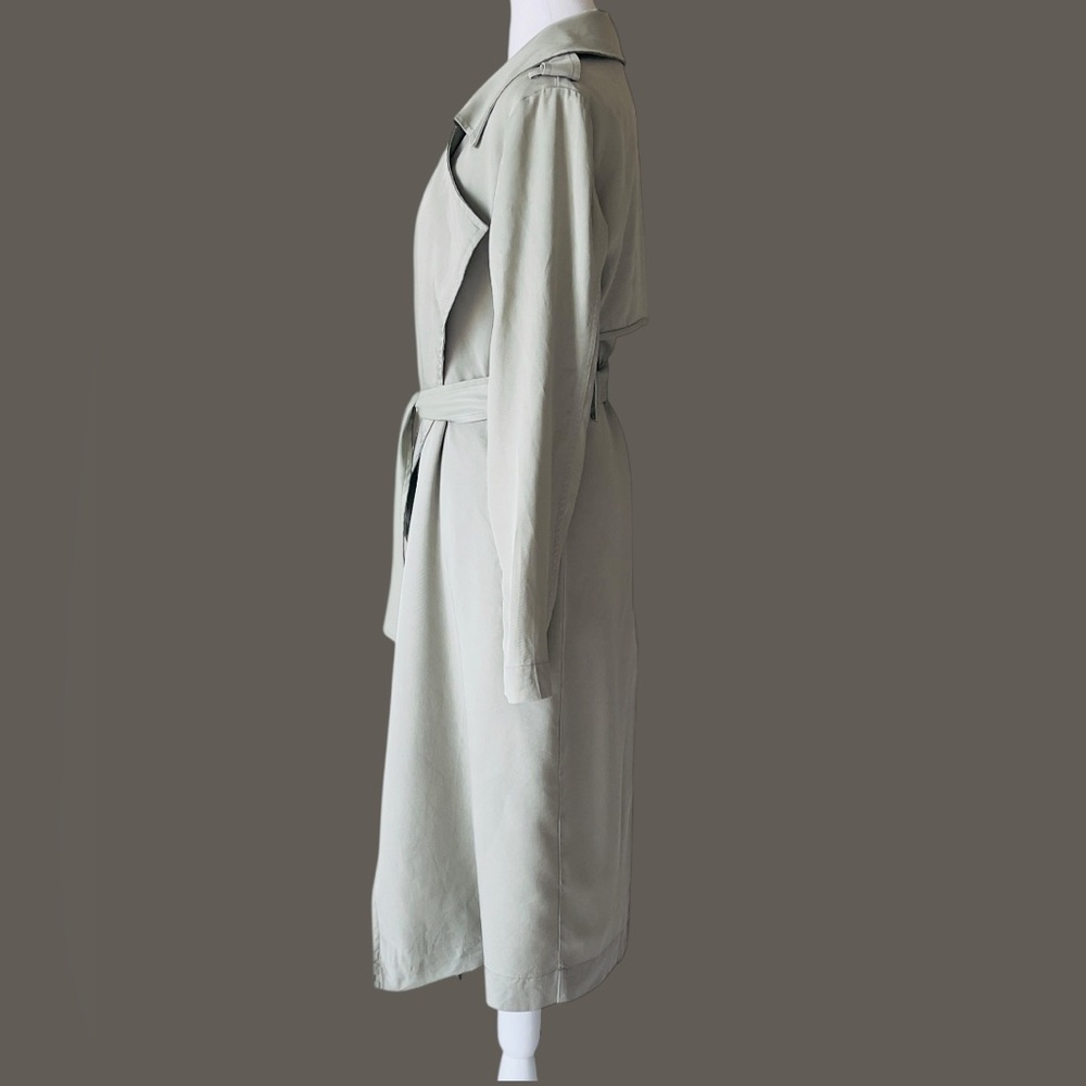 Badgley Mischka Faux Leather Trim Angelina Long Trench Coat in Sage Light Green - Picture 5 of 9